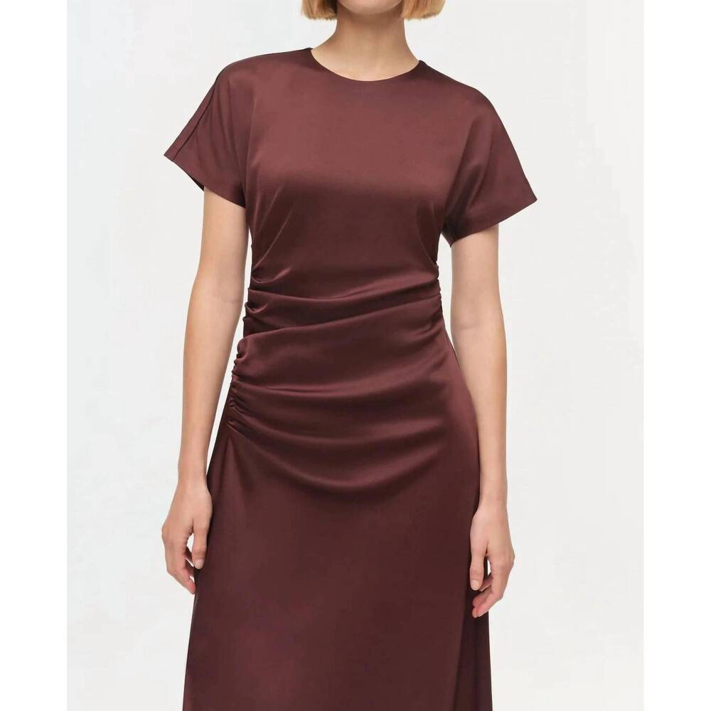 NEW SIMKHAI marabella draped satin midi dress in mahogany - Picture 5 of 6